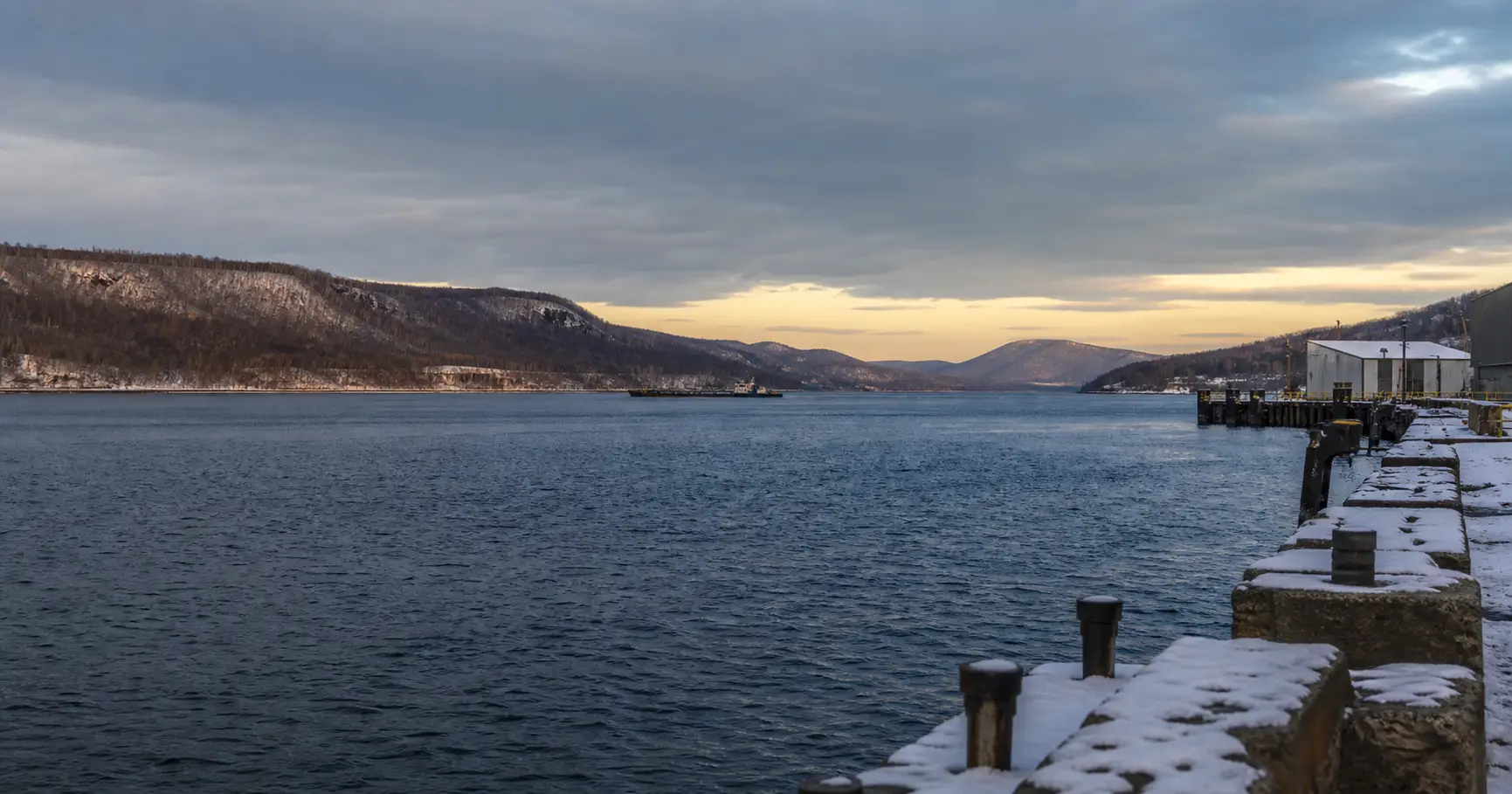 Hudson River industrial waterfront near New Windsor in winter