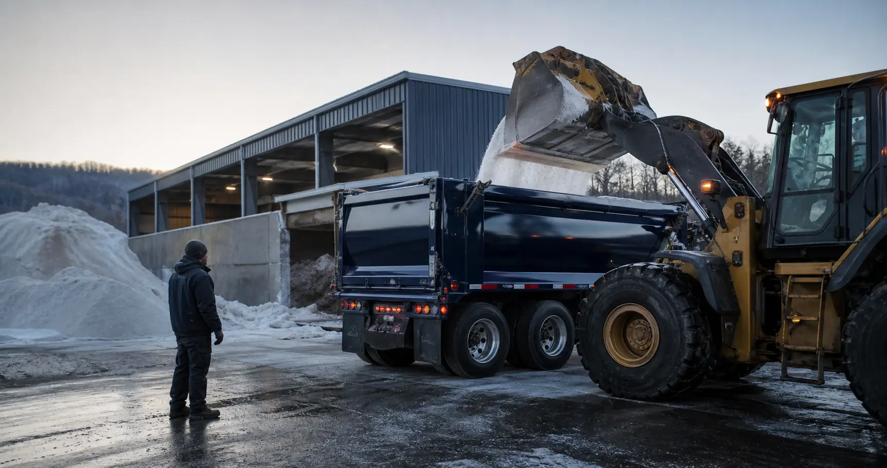Commercial salt being loaded into a dump trailer at a warehouse yard